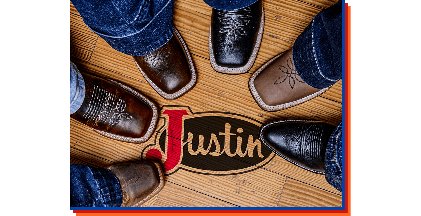 A group of six boots posed, surrounding the red and black Justin Logo.